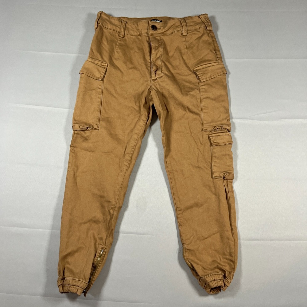 Fashion Nova Kalley Cargo Pants Womens L Tan Cotton Stretch Mid Rise Tapered Leg